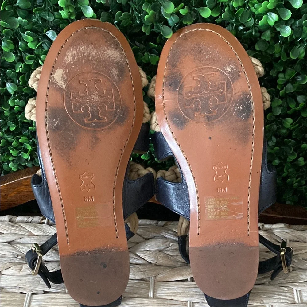 Tory Burch Black & Tan Macramé Rope Sandals